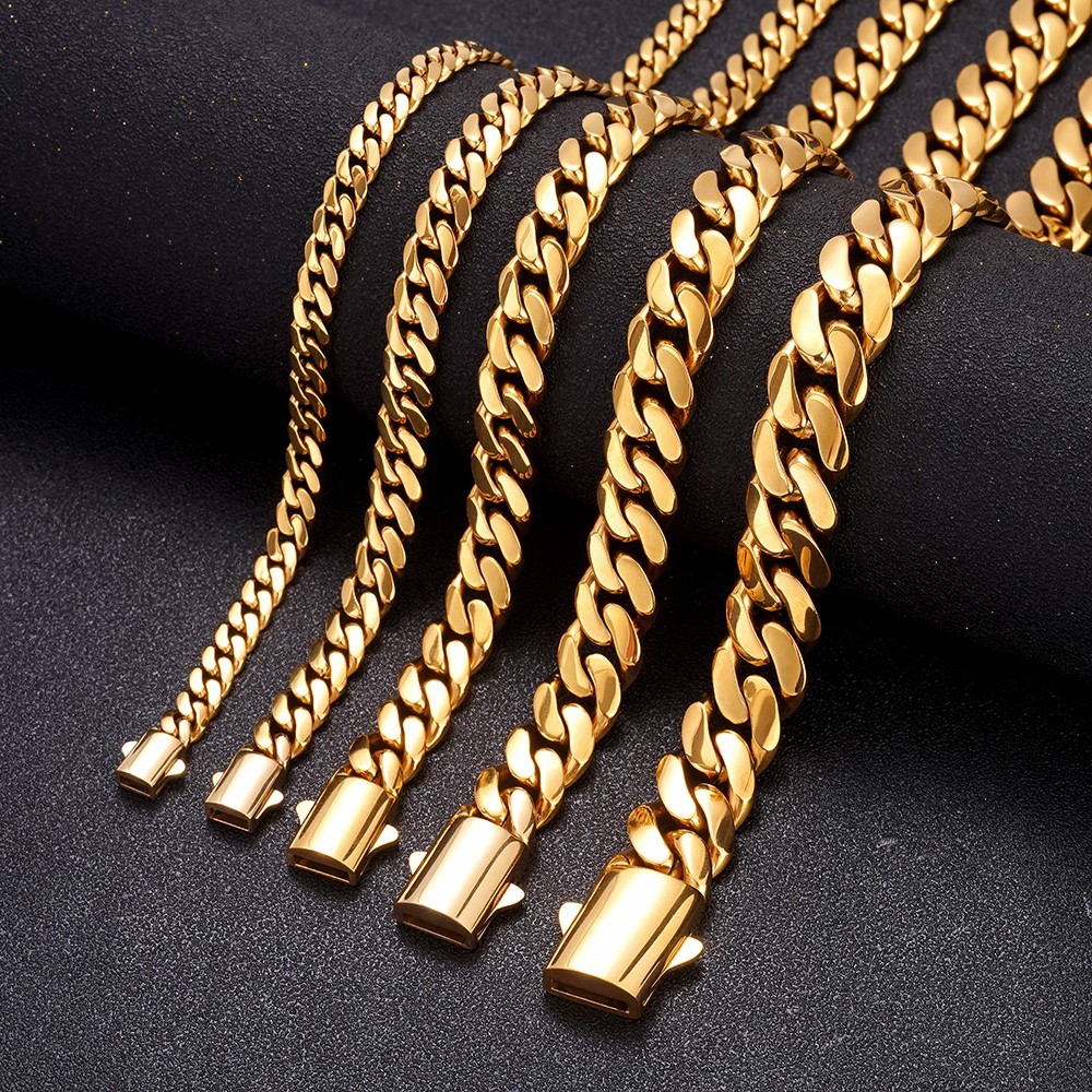 Hip Hop Men 6-14mm Gold Stainless Steel Miami Cuban Link Chain Necklace 16″-40″
