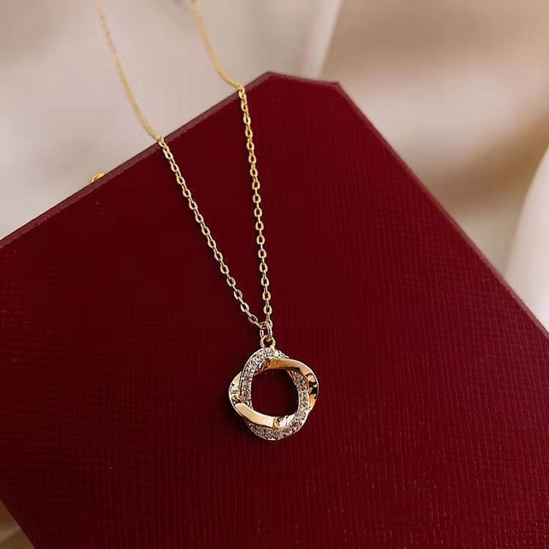 Women’s Fashion CZ Rose Ring Pendant Necklace Collarbone Chain Titanium Steel