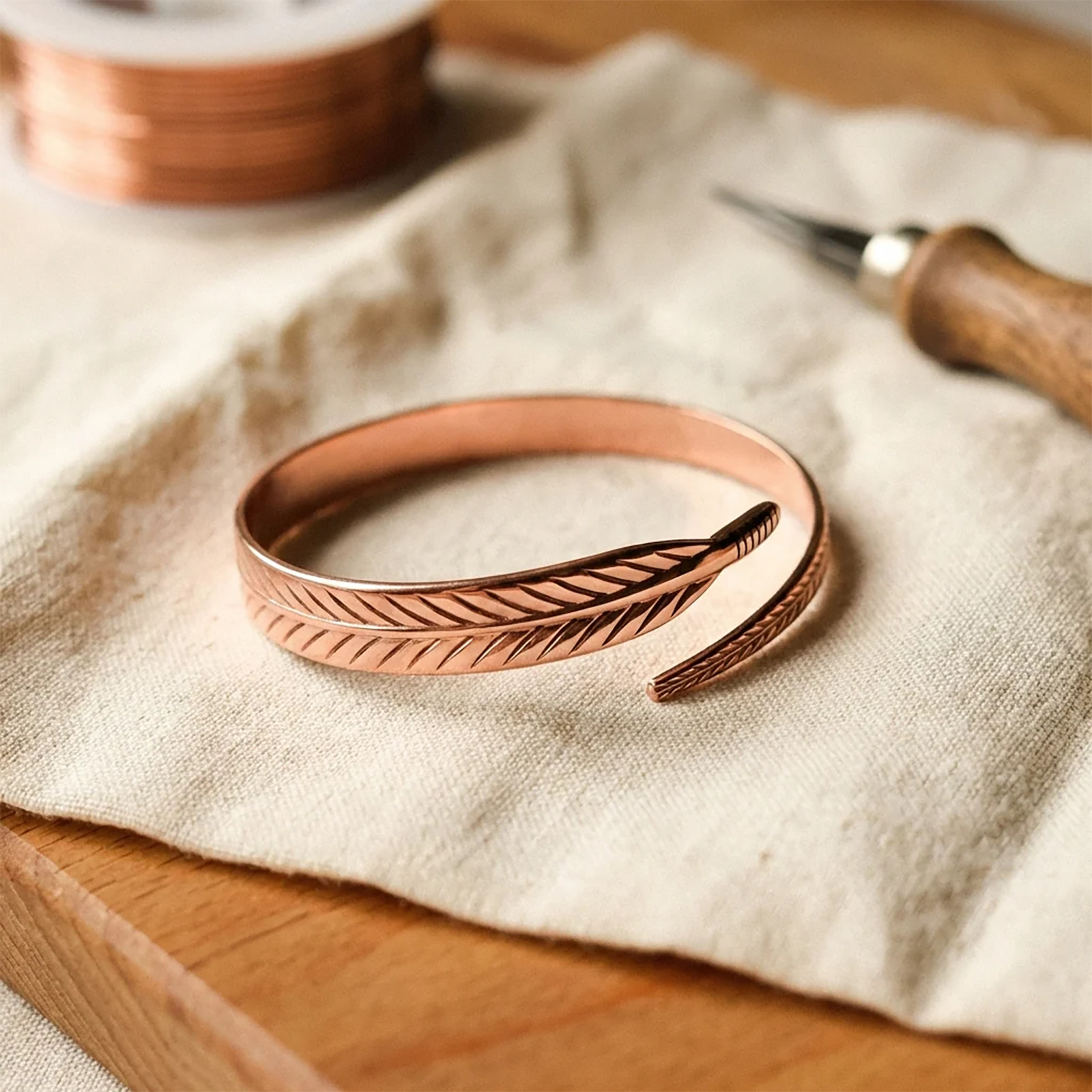 Handcrafted Copper Feather Cuff Bracelet Vintage Boho Ethnic Jewelry Gift For Me