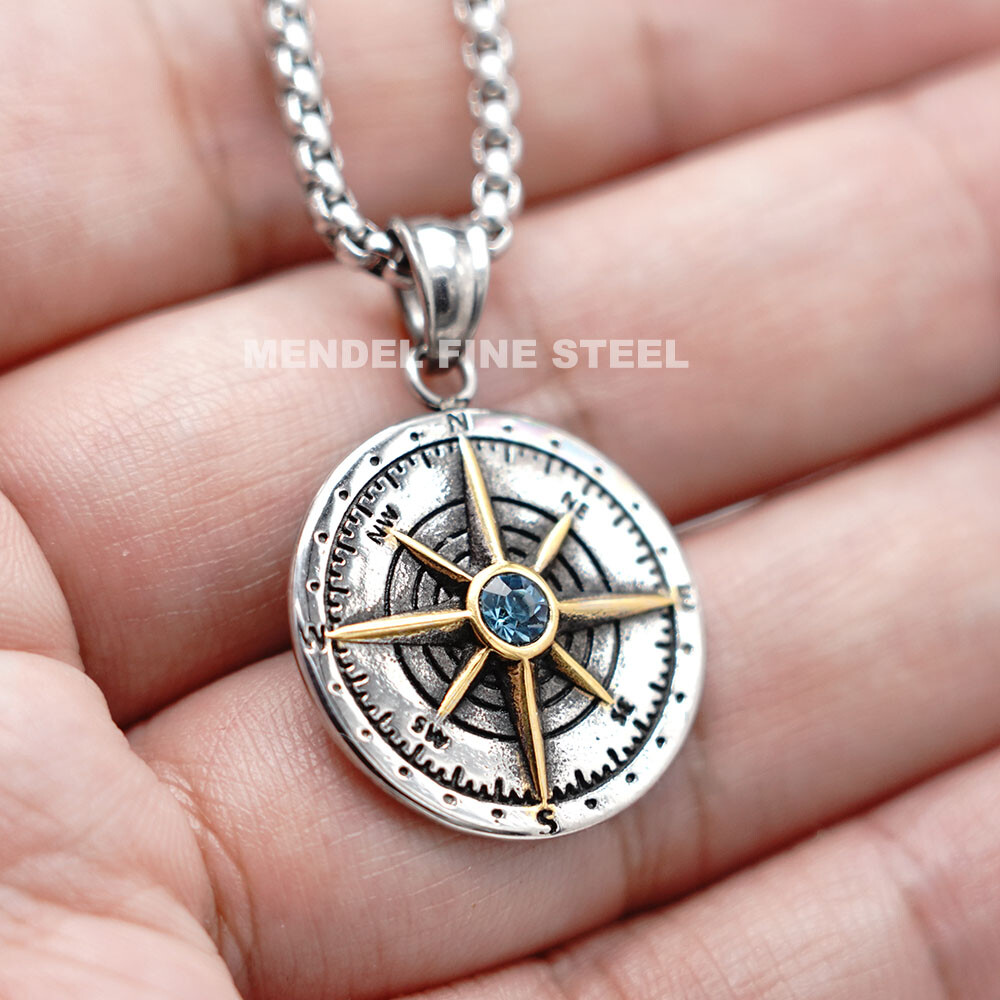MENDEL Mens Womens Blue CZ Stone Nautical North Star Compass Pendant Necklace