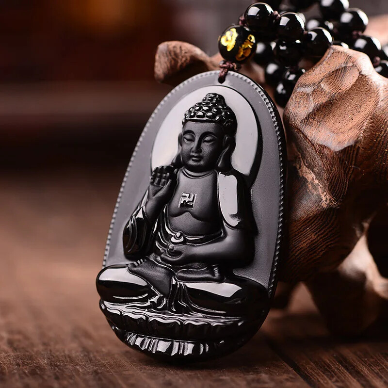 1PC Pendant Necklace Black Obsidian Carved Buddha Statue Luck Talisman Gift