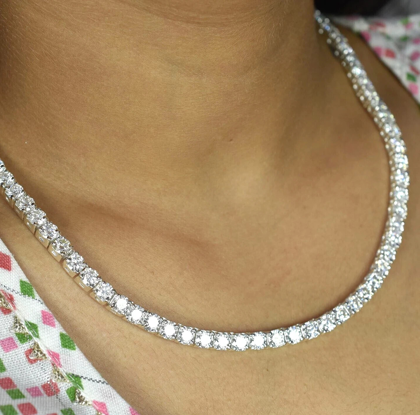 17CT Gorgeous 18 inches White Diamond Tennis Necklace 14K White Gold Plated