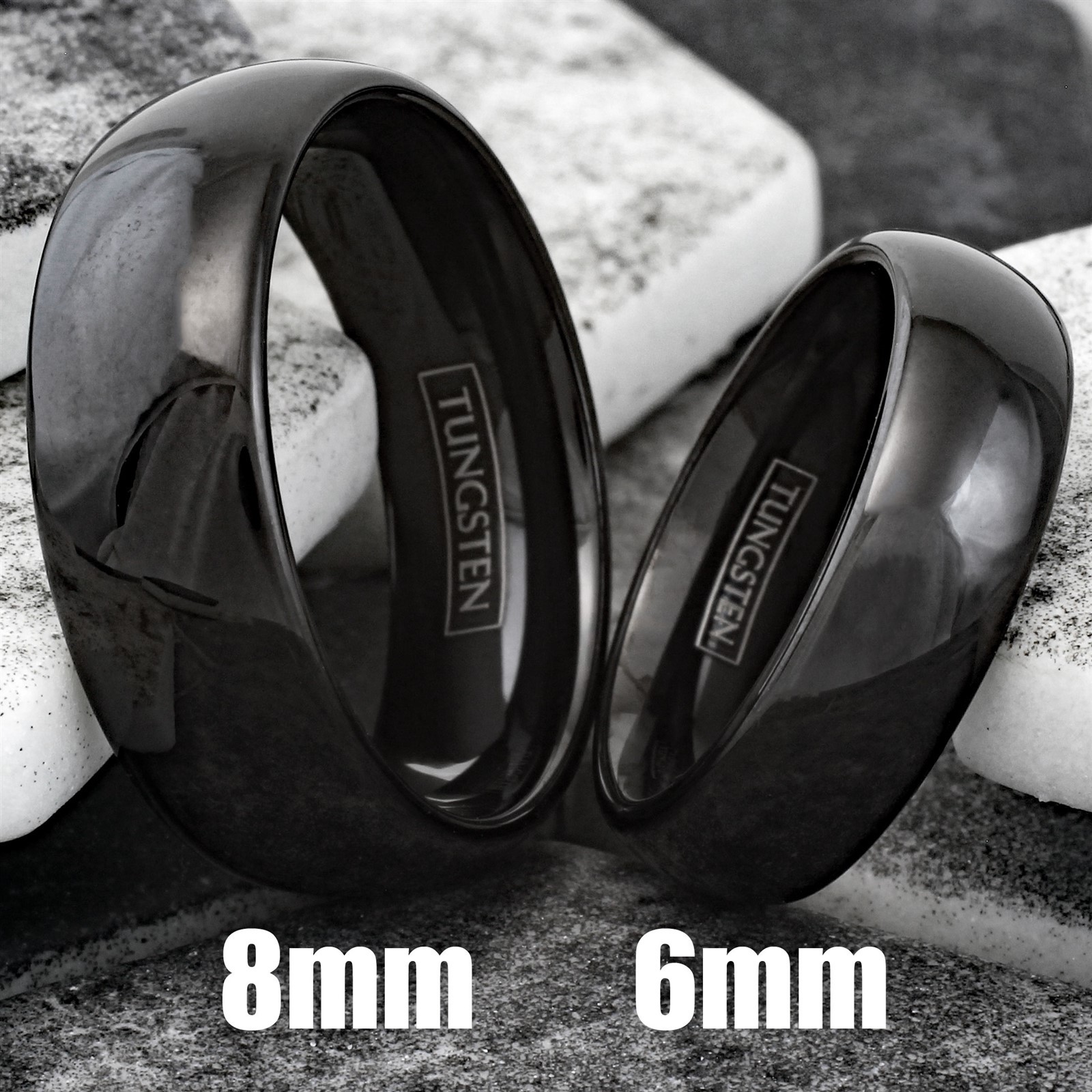 6/8mm Tungsten Carbide Polished Black Plain Domed Comfort Fit Wedding Band Ring