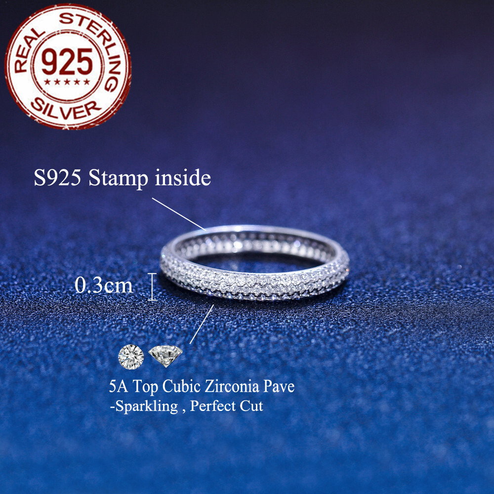 Solid Sterling Silver Cubic Zircon Full Paved Wedding Ring Women Engagement Gift