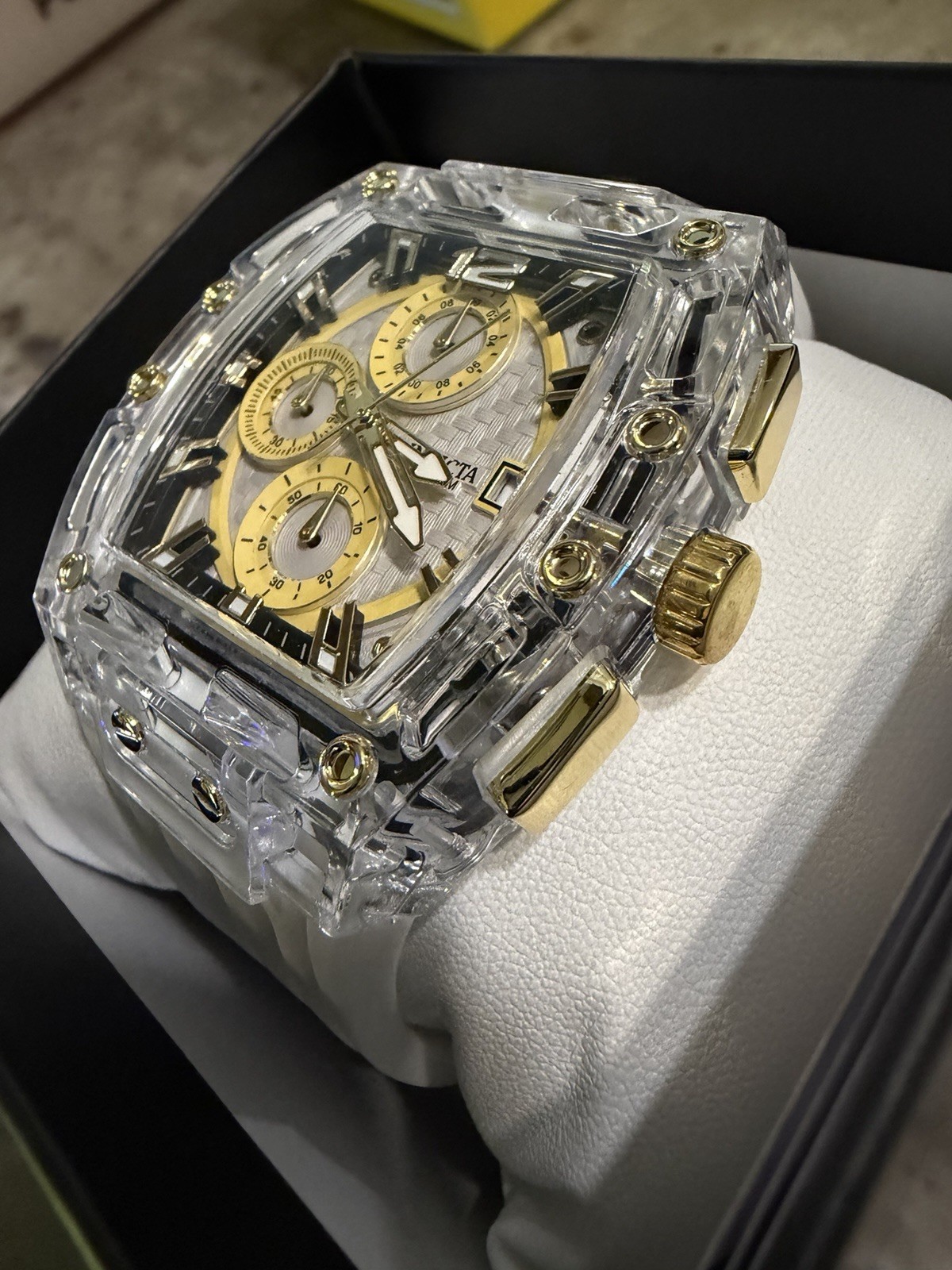 Invicta Men’s Quartz Chronograph Tonneau Watch Clear/Gold Case White Strap