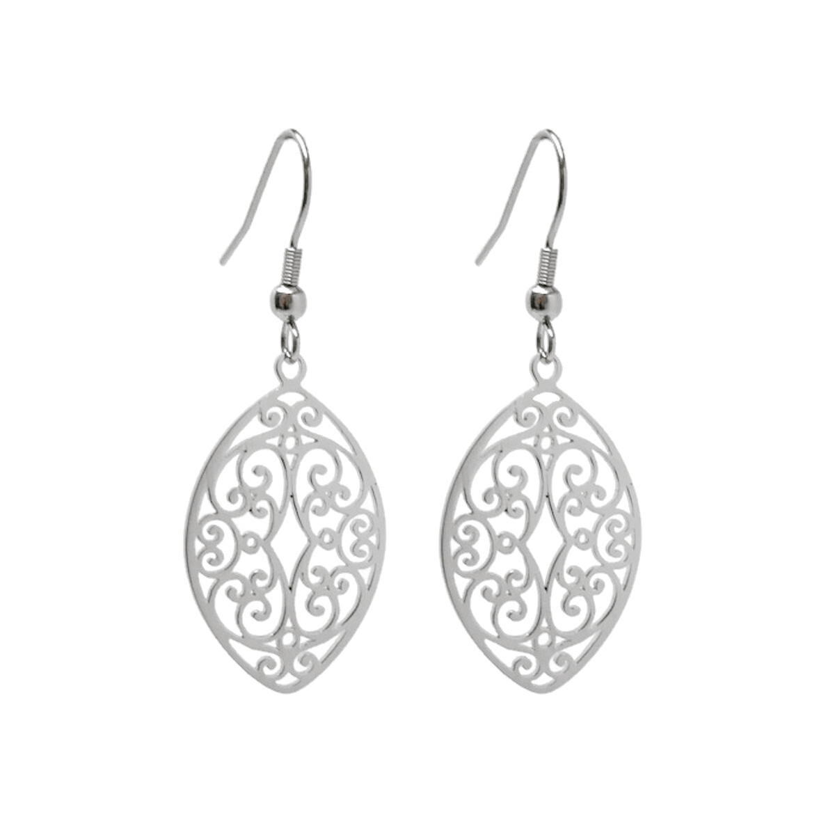 Silver Filigree Earrings Stainless Steel Dangle Womens Cutout Swirl 2 Inch