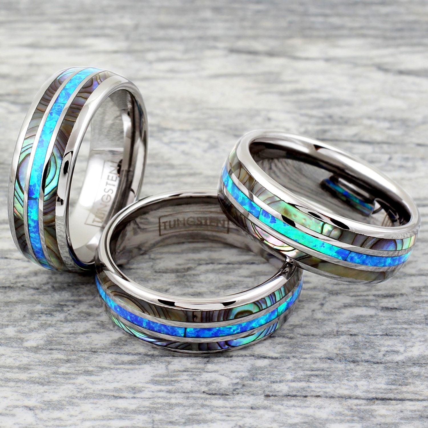 8mm Tungsten Carbide Men’s Abalone and Hawaiian Blue Opal Wedding Band Ring