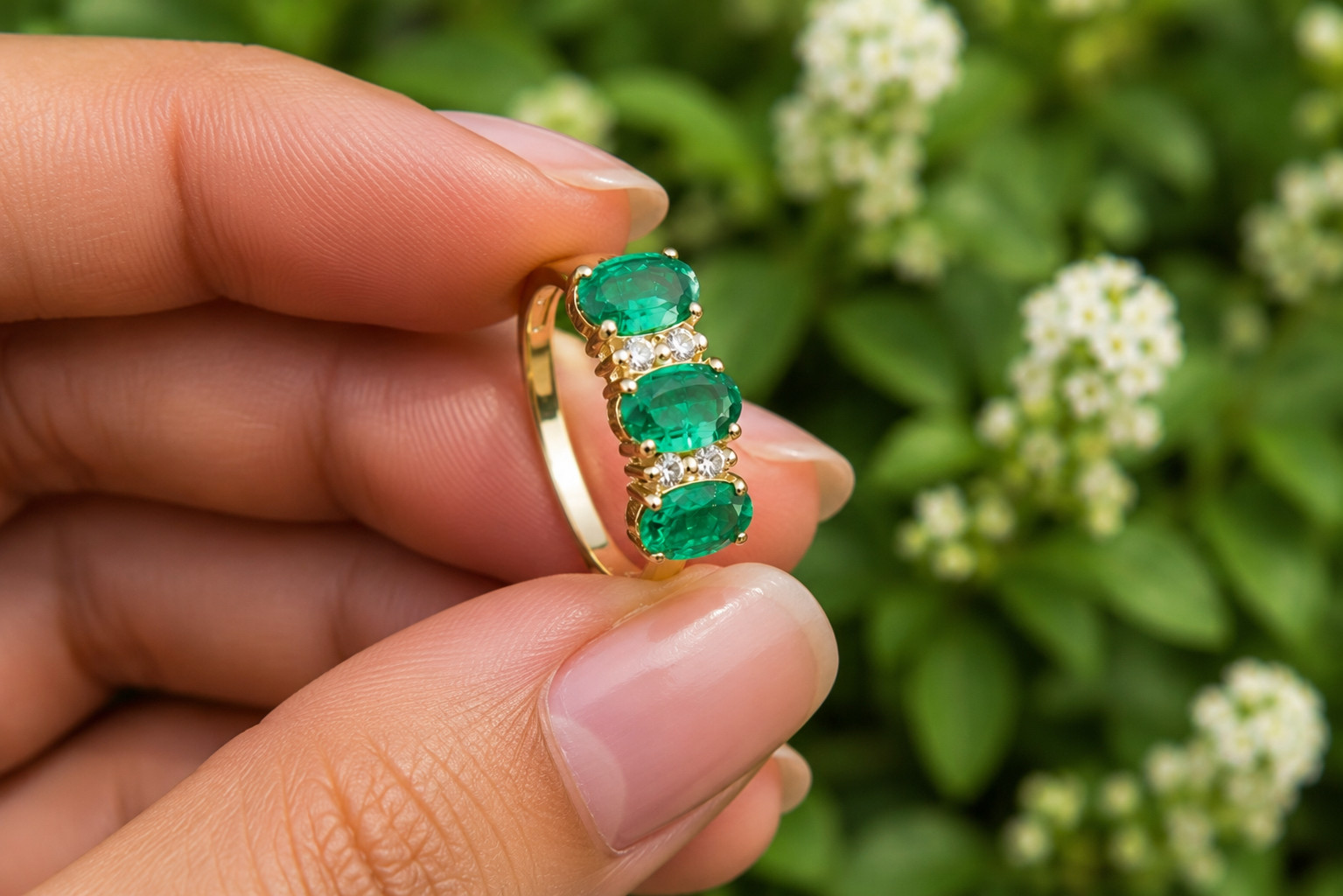 2Ct Oval Cut Lab Created Green Emerald Three-Stone Ring 14K Yellow Gold Plated