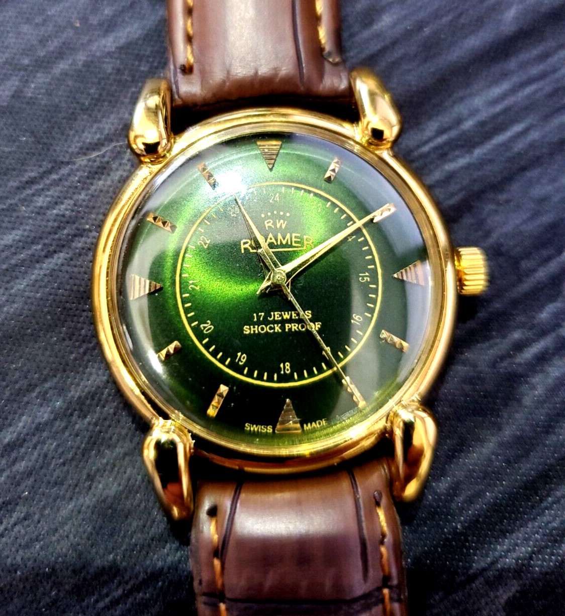 ✨Rare Swiss Roamer Brevete Mens Manual Watch Gld Grn Brw