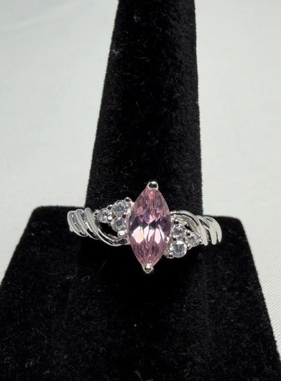 925 Sterling Silver Pink CZ Marquise Cocktail Ring Size 7.25 2ctw Simulated New