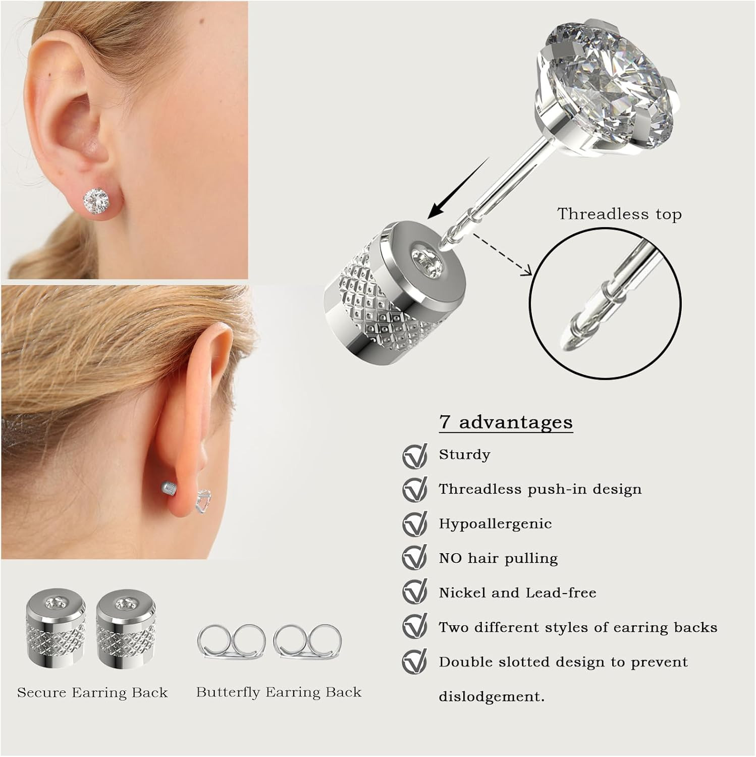 5-6 Pairs Push-In Flat Back Stud Earrings Hypoallergenic Surgical Stainless Stee