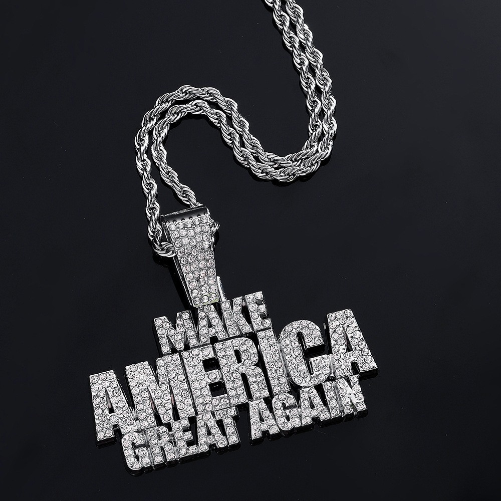 Hip Hop Iced Make America Pendant Necklace Punk CZ Crystal Chain Rap Jewelry NEW