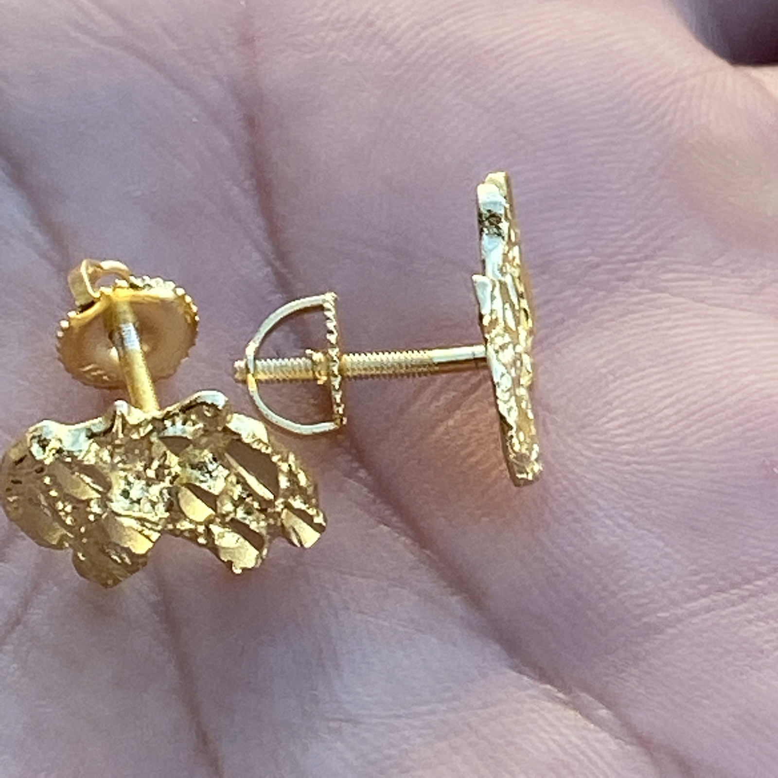 14k Gold Plated Nugget Earrings 925 Sterling Silver Cut Screw Back 14MM