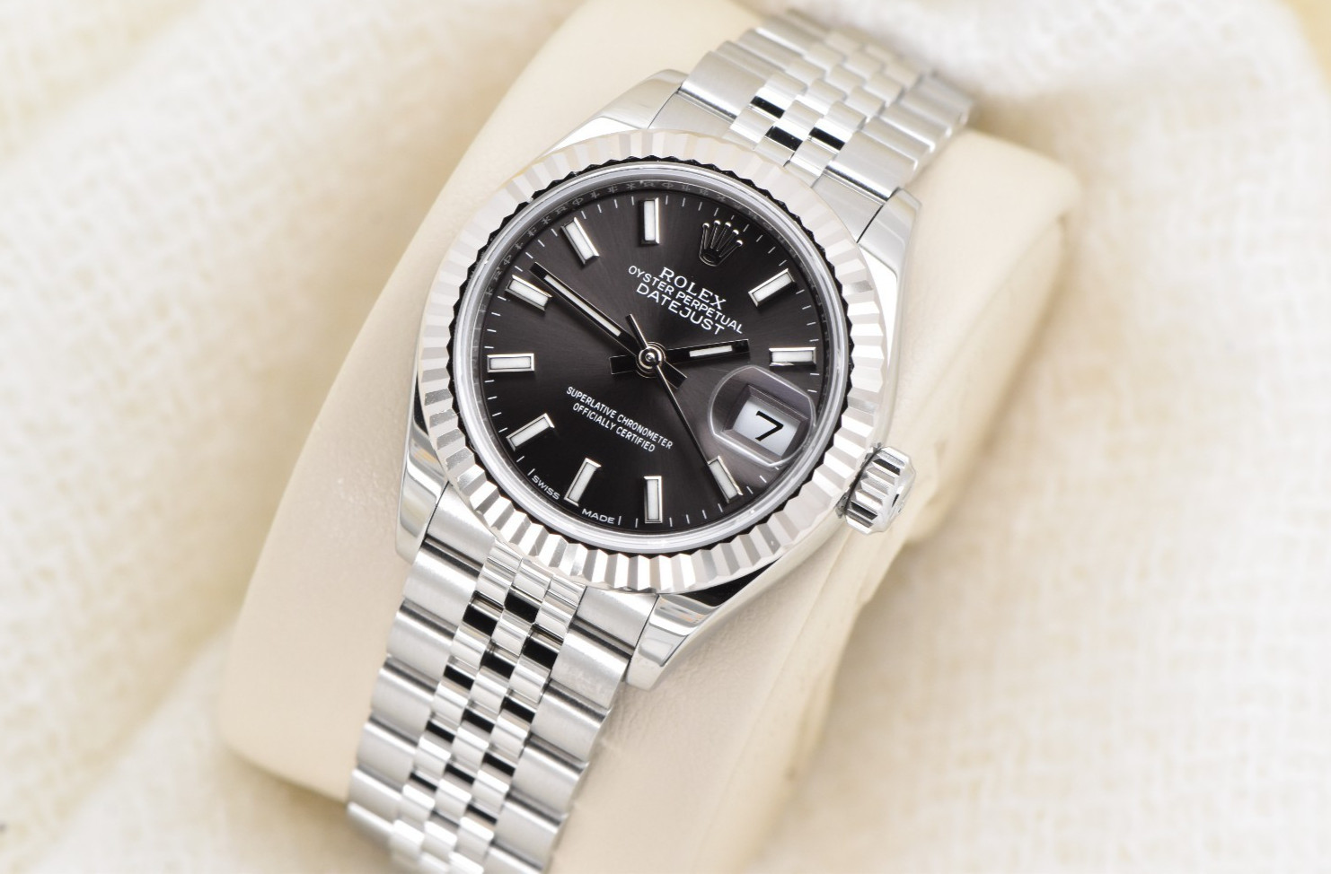 Ladies Rolex Datejust 28 18K WG Fluted Steel Jubilee Dark Grey Dial 279174 Box