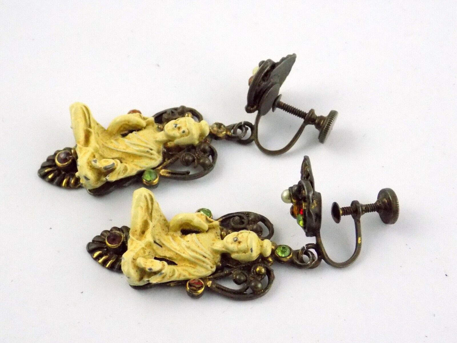 Vintage Painted Brass and Buddha Figurine Screwback Earrings Unsigned Rhinestone