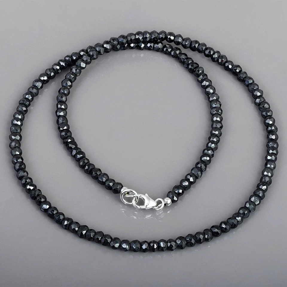 Natural Black Spinel 4mm Beads 925 Sterling Silver 18″ Strand Handmade Necklace