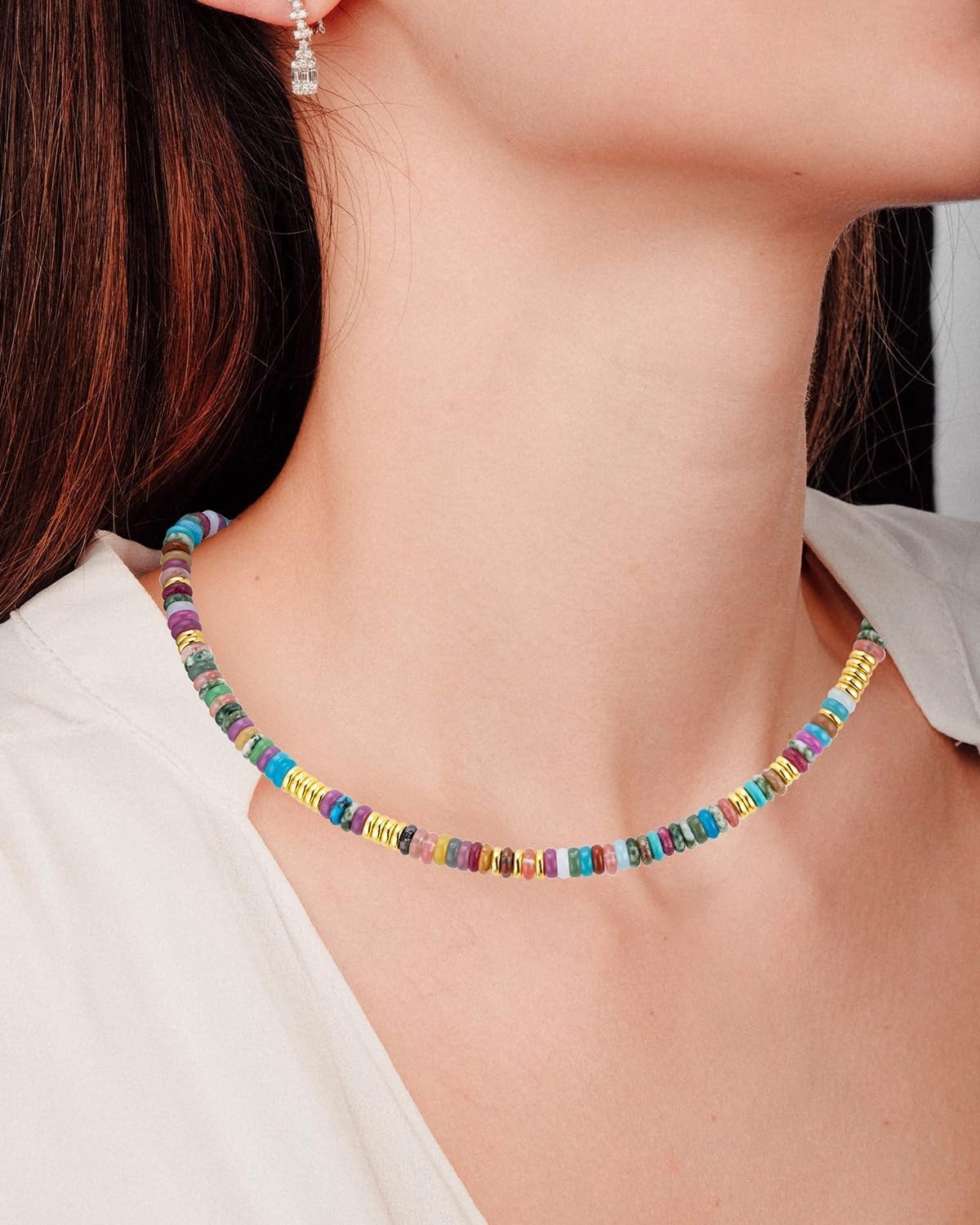 Boho Beaded Necklace for Women, Colorful Natural Stone Choker Necklace, 6MM