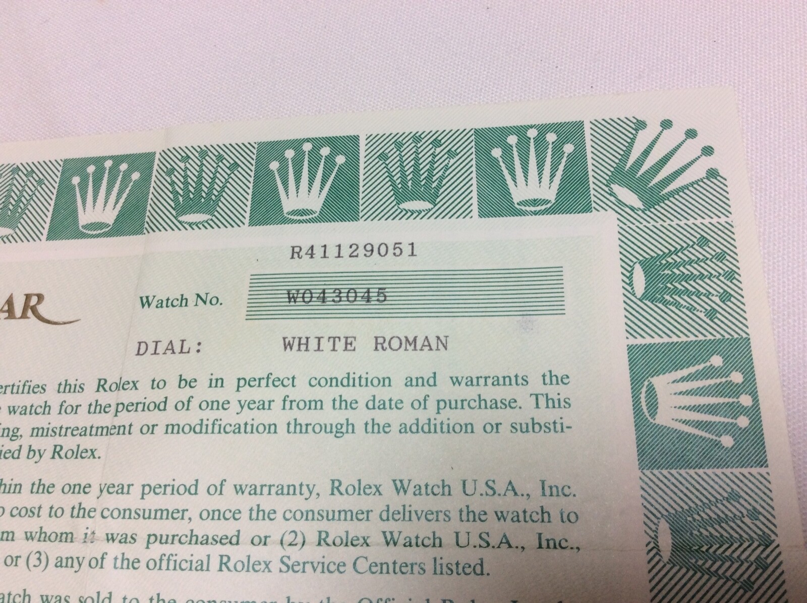 ROLEX FULL ONE YEAR WARRANTY 568.06.40.3.88 / Accessories for Collectors