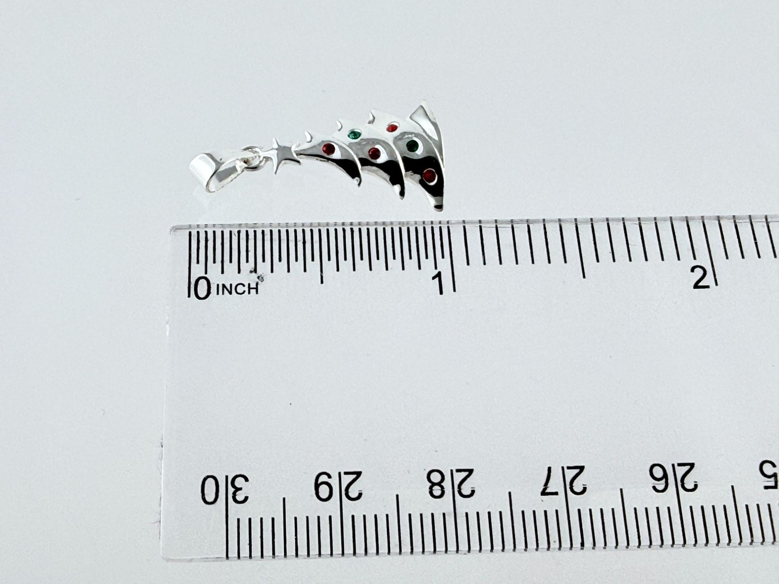 SU Sterling Silver Red and Green Crystal Christmas Tree Pendant 925 1.4g 7/8 In