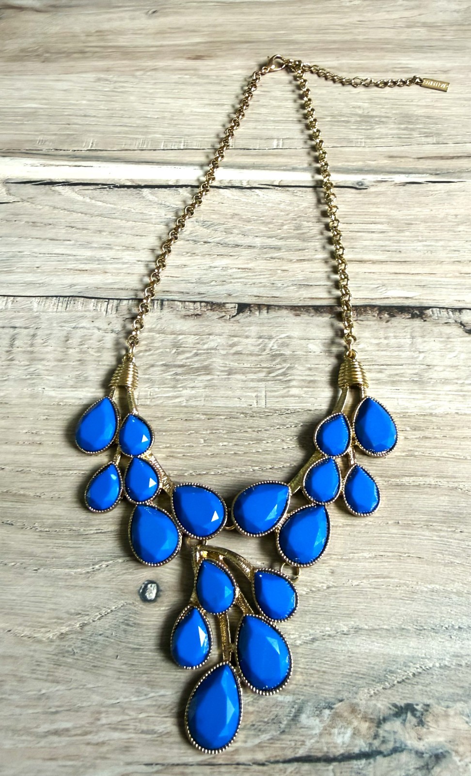 BaubleBar Gold Tone Blue Statement Bib Necklace Faceted Teardrop Adjustable