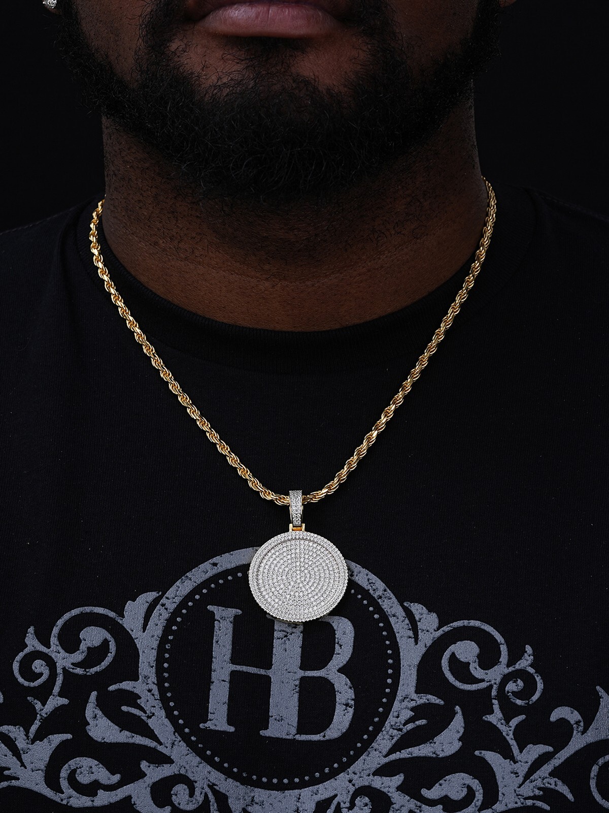 Real MOISSANITE Gold Plated Out Iced Round HipHop Pendant Necklace Passes Tester