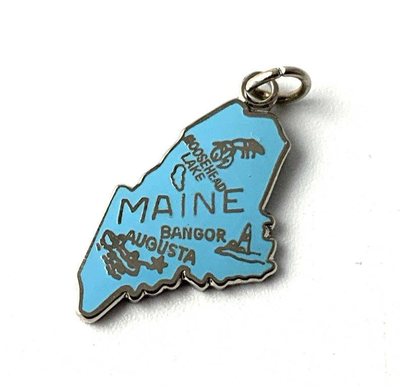 Maine State Silver Plate Charm | Light Blue | 3/4″ | New Old Stock | Very Nice