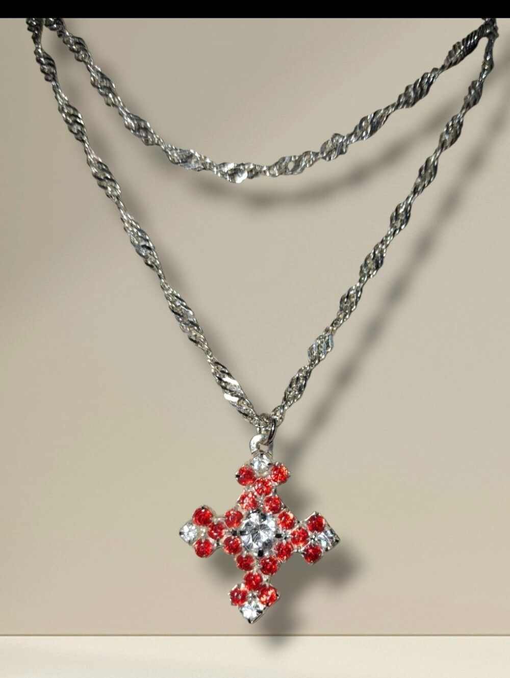 Sparkling Gothic Red And Clear Cross Rhinestone Pendant Twist Chain Silver
