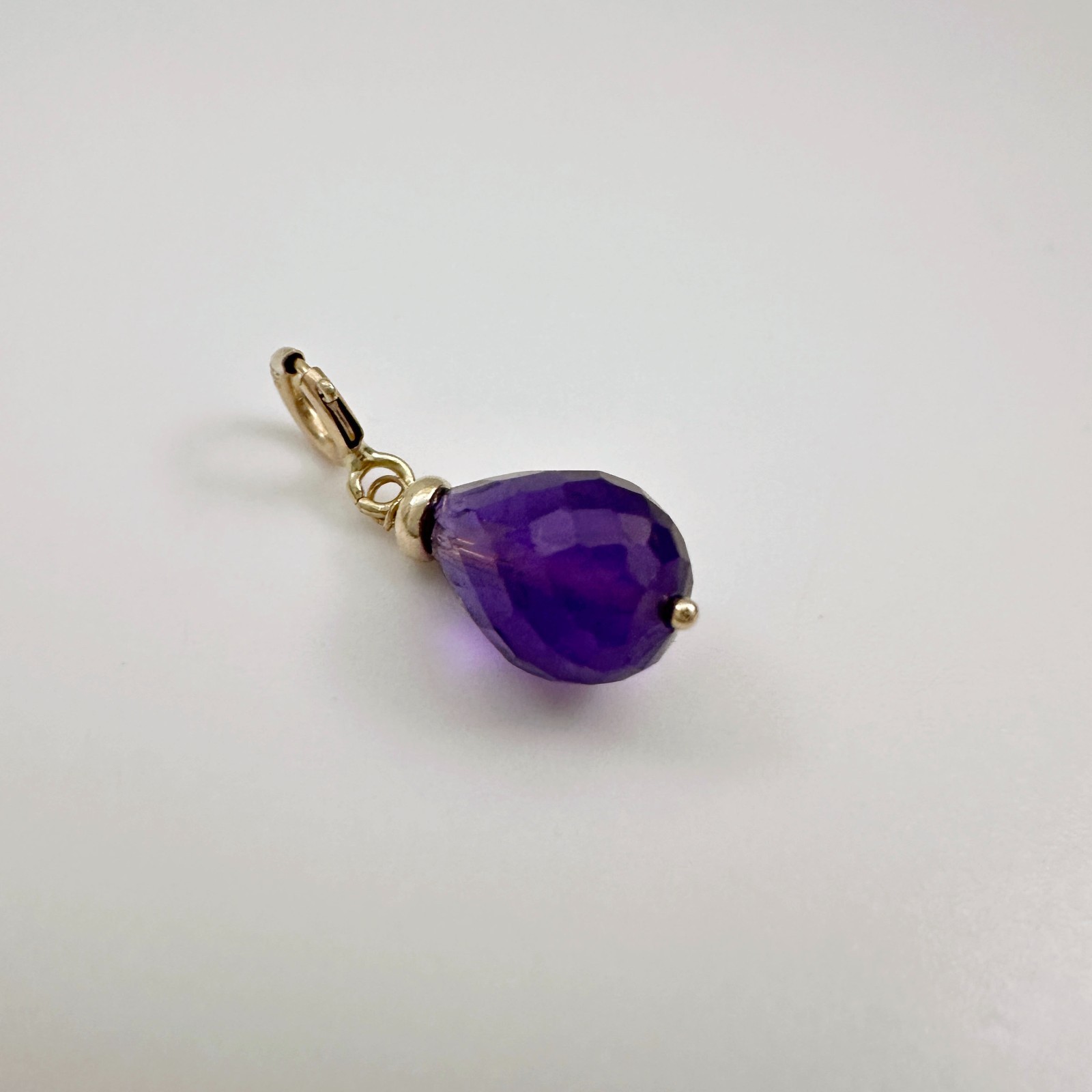 14K Solid Yellow Gold Small Amethyst Briolette Charm Pendant w/Spring Clasp