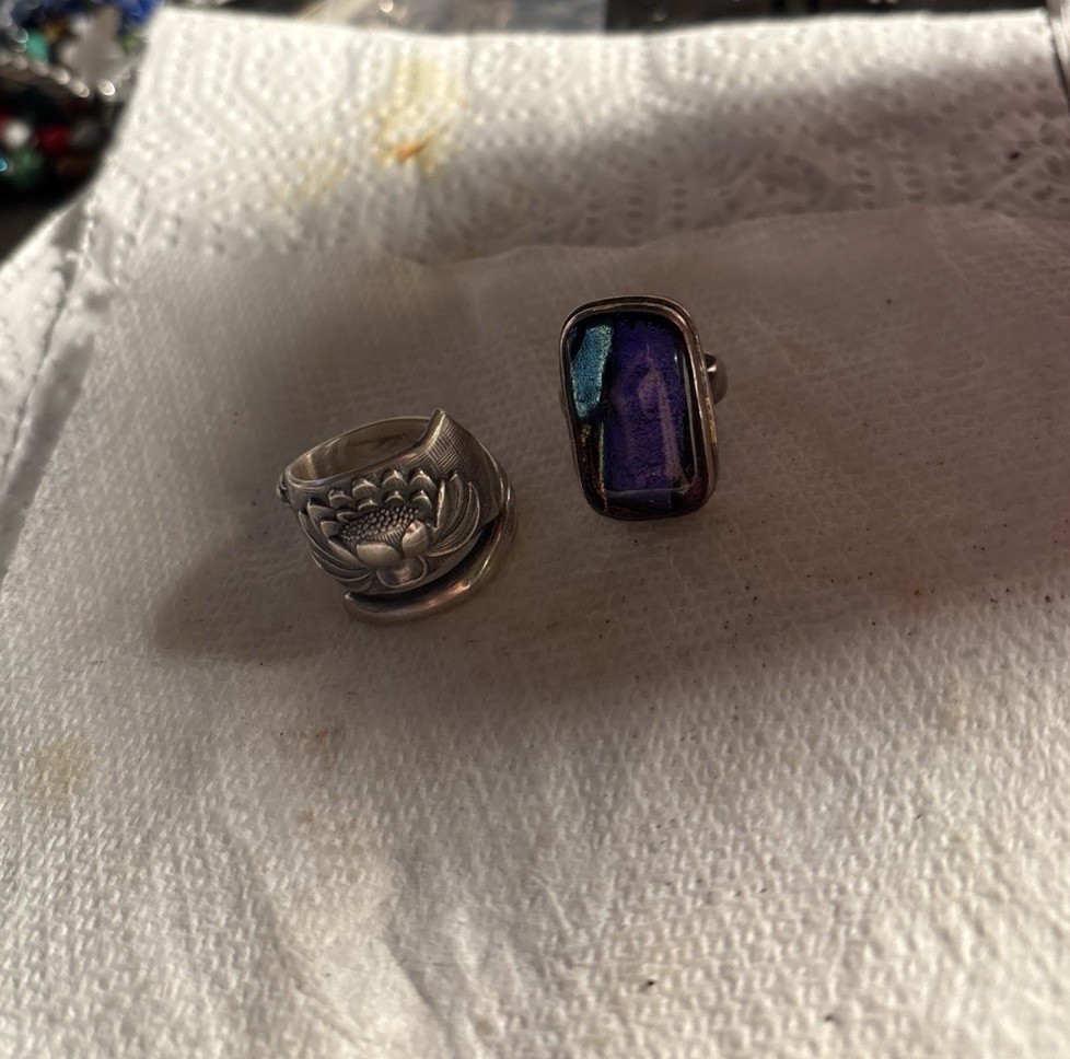 Lot Of Two: Sterling Designer Flower & Art Glass Ring Heavy Good Quality
