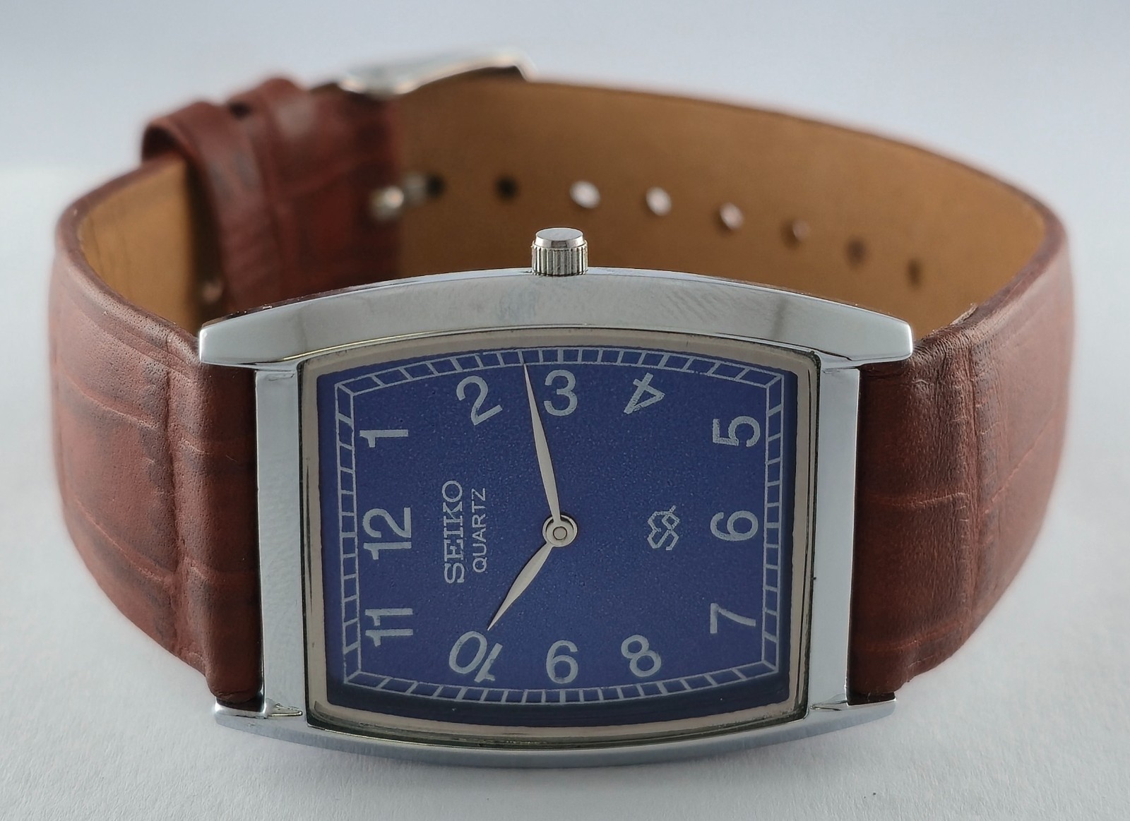 Beautiful Seiko Slim Rectangle Blue Dial Quartz Men’s Wristwatch Leather Band
