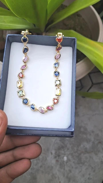 Rainbow MultiCut Multi-Color Gemstone Tennis Necklace 18K Yellow Gold Plated 16″