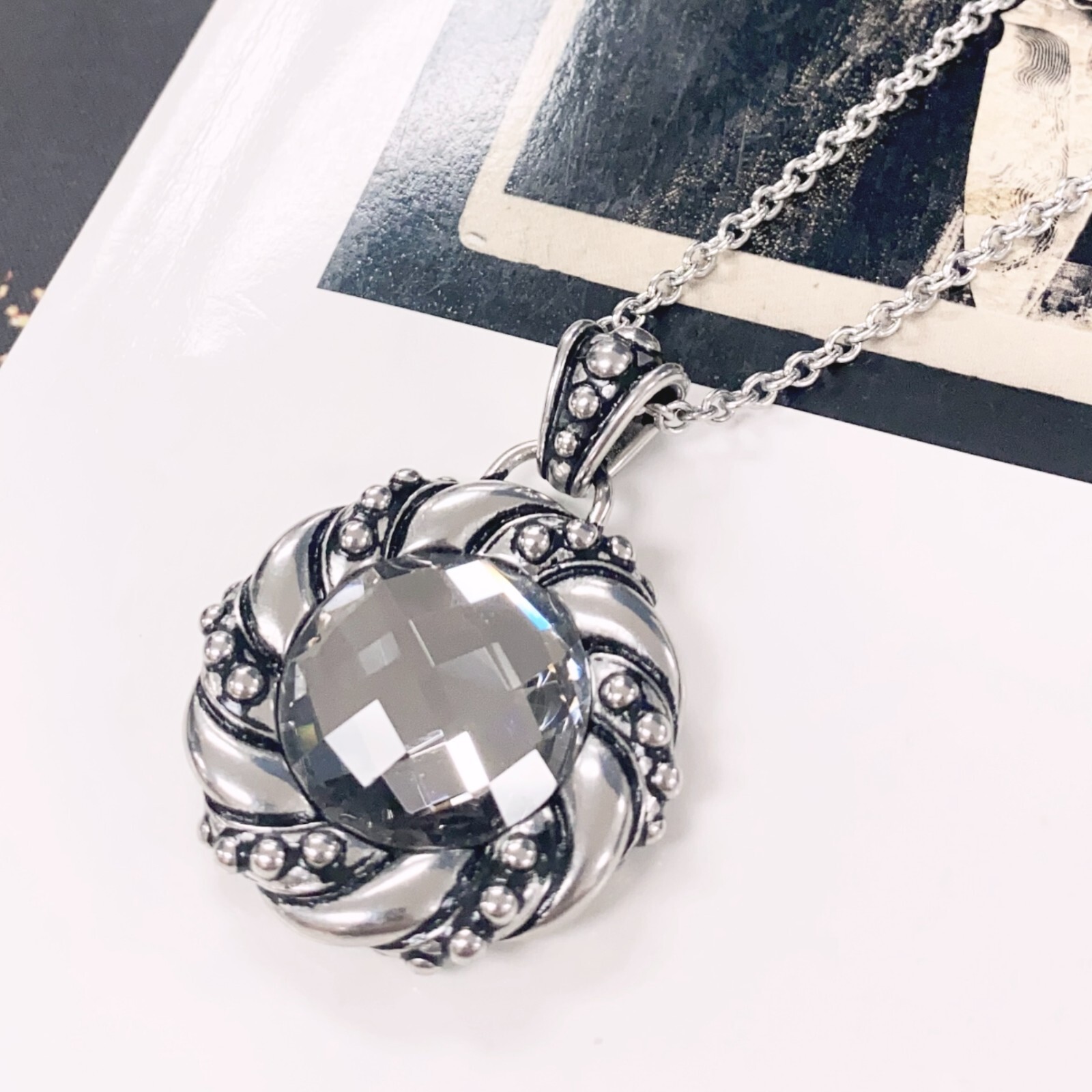 twist round necklace clear faceted glass stainless steel pendant necklace