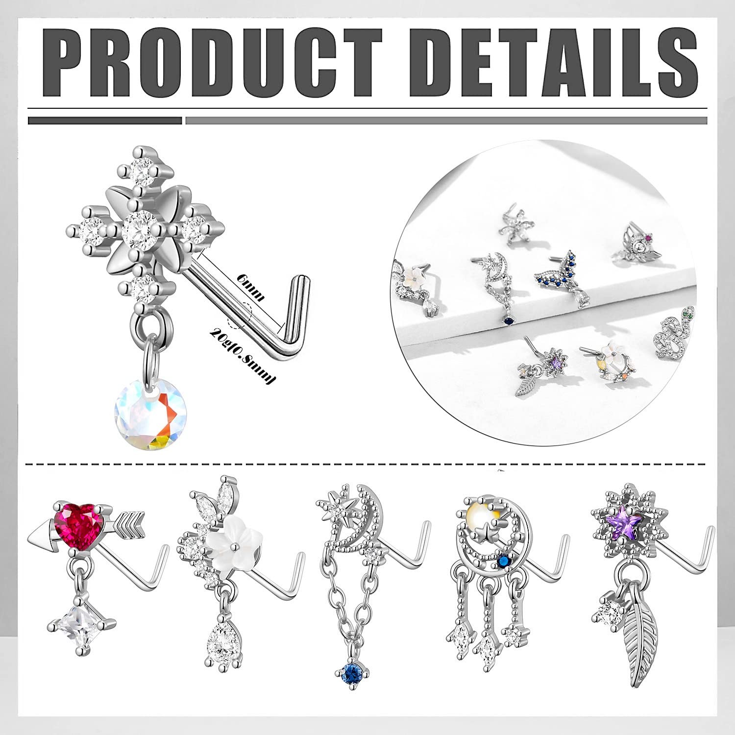 18Pcs 18G Nose Rings L Shape Nose Ring Stud for WomenButterfly Nose Ring Hea…