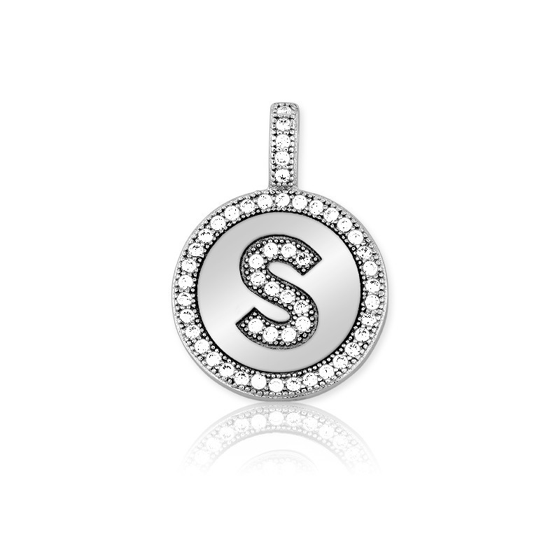 Sterling Silver Sparkling Micro Pave Circle “S” Pendant W/Chain Rhodium Plated