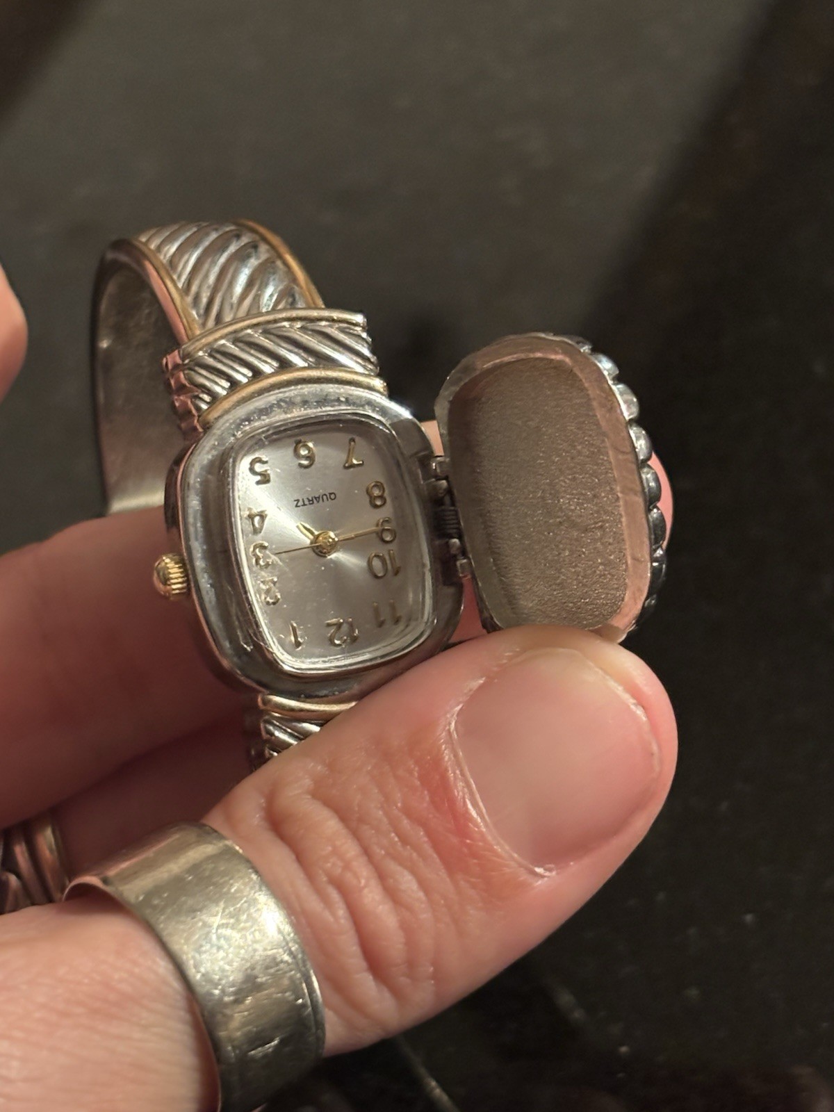 Vintage Two Tone Bangle Cuff Locket Style Wristwatch Ribbed Bracelet