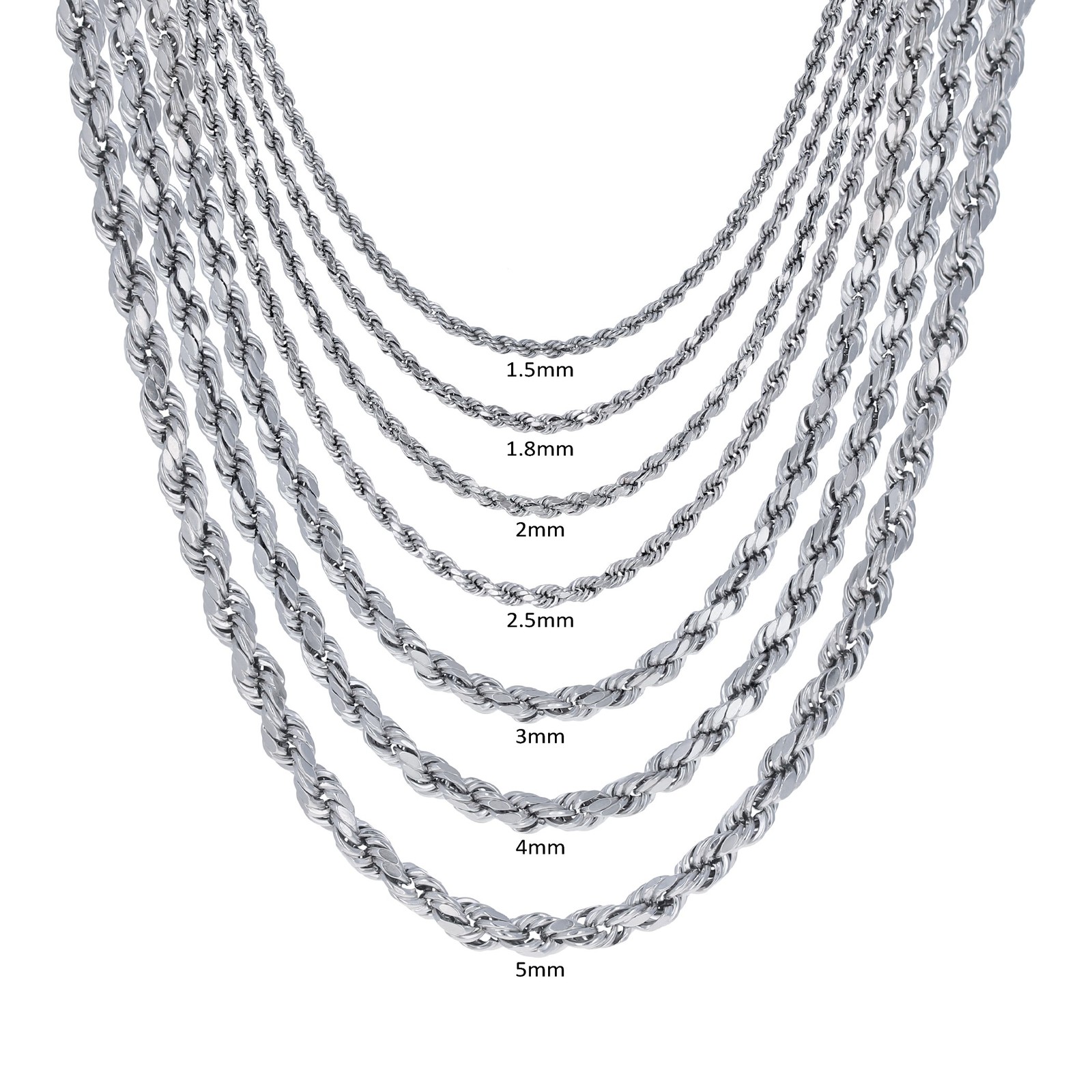 14K White Gold 1.5mm-5mm Diamond Cut Rope Chain Necklace Mens Womens 14″-30″