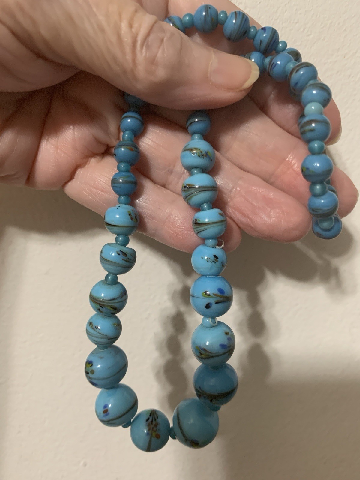 VintageBlue Czech Bohemian Molded Art Glass Bead Necklace & Barrel Closures.16”
