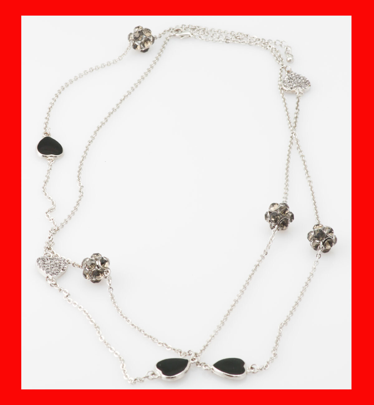 FASHION LOVE NECKLACE BLACK HEART GREY CRYSTAL RHINESTONE BALL LONG SILVER CHAIN