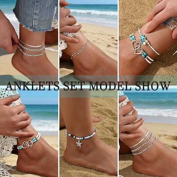 21PCS Gold Anklets Set for Women Boho Shell Bead Adjustable Waterproof