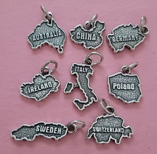 Sterling Silver Country Map Charm Pendant Choose Country Maps Travel 925 USA New