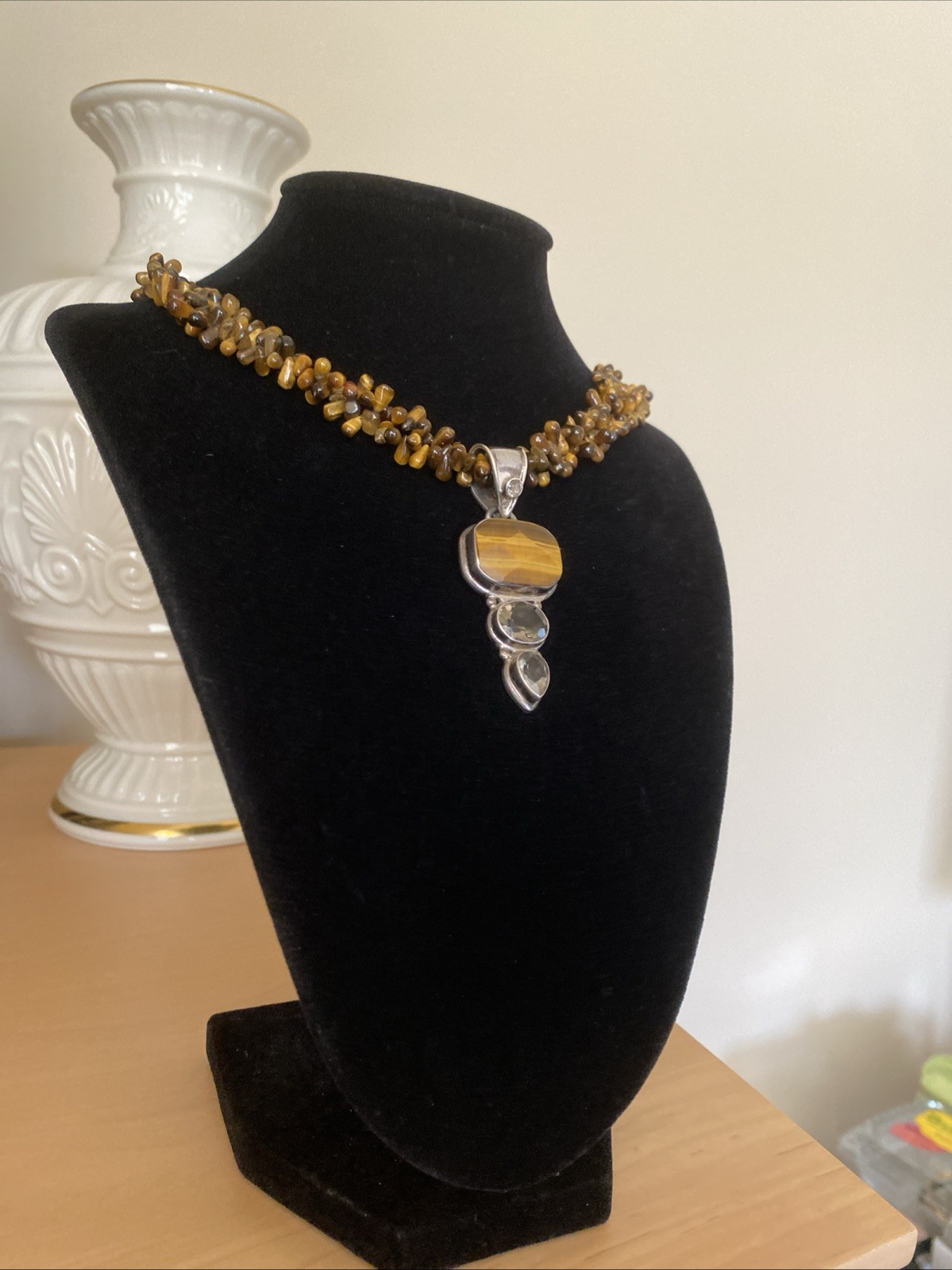 Vintage Tigers Eye Beaded Choker Pendant Necklace Estate Fine Jewelry Pre-Owned
