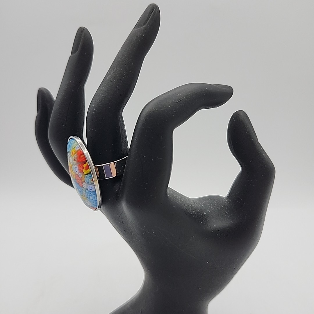 Multicolor Millefiori Murano Glass Stainless Steel Cocktail Ring Size 8, Italy