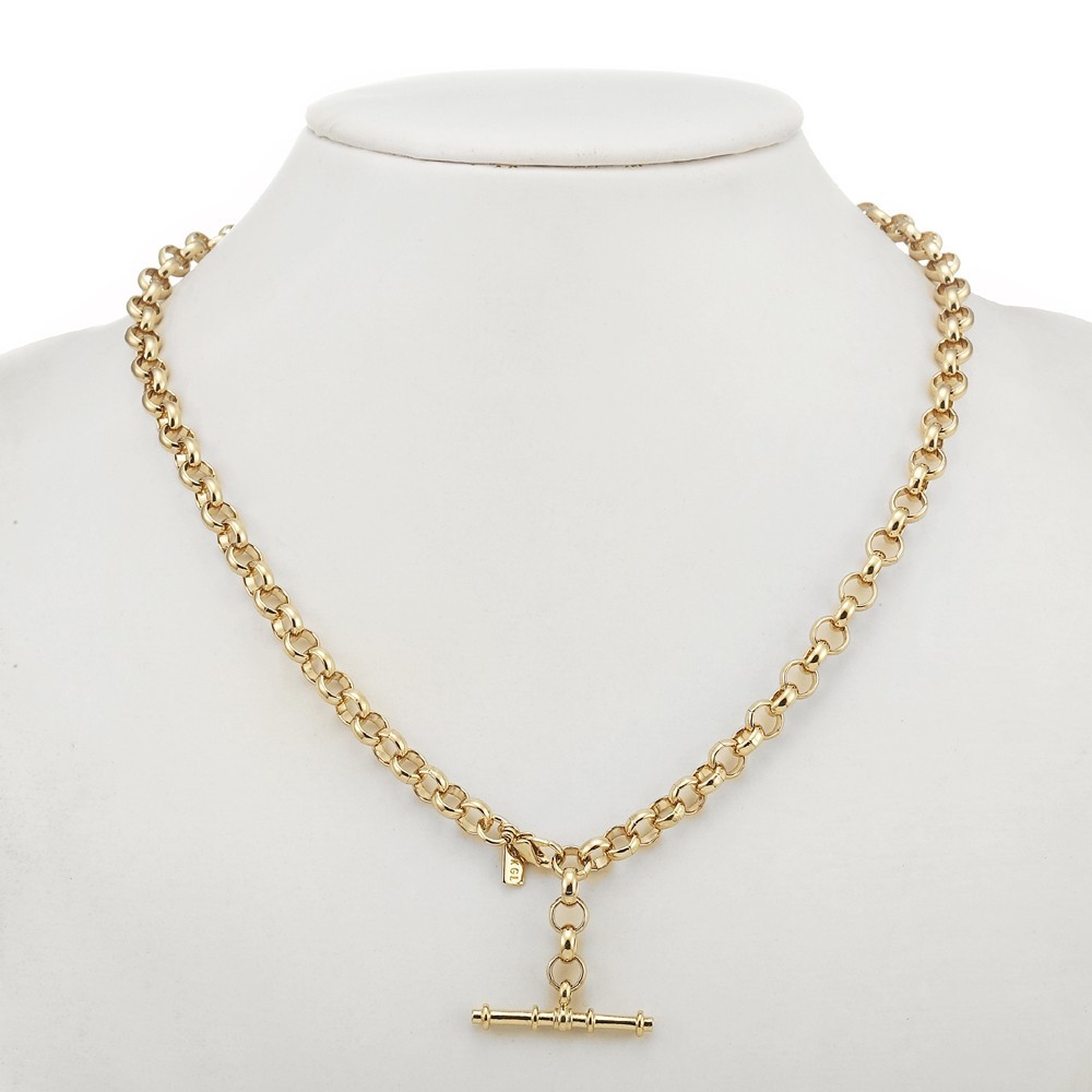 18K GL Solid Rolo Belcher Chain Yellow Gold Necklace with Antique Style T Bar