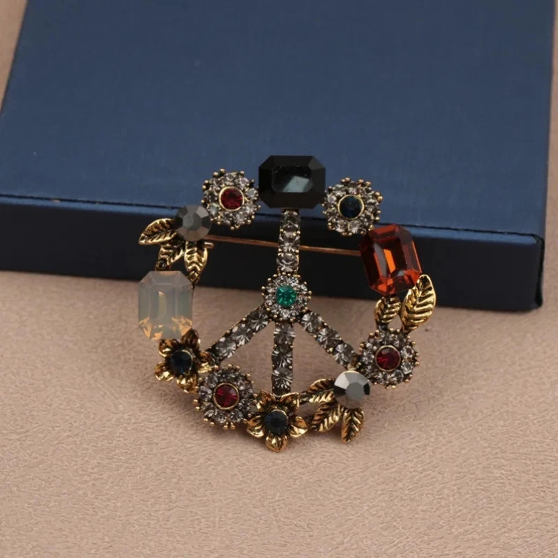 Vintage Style Luxury Alloy Brooch Pin Rhinestone Peace Sign Artificial Stone-USA