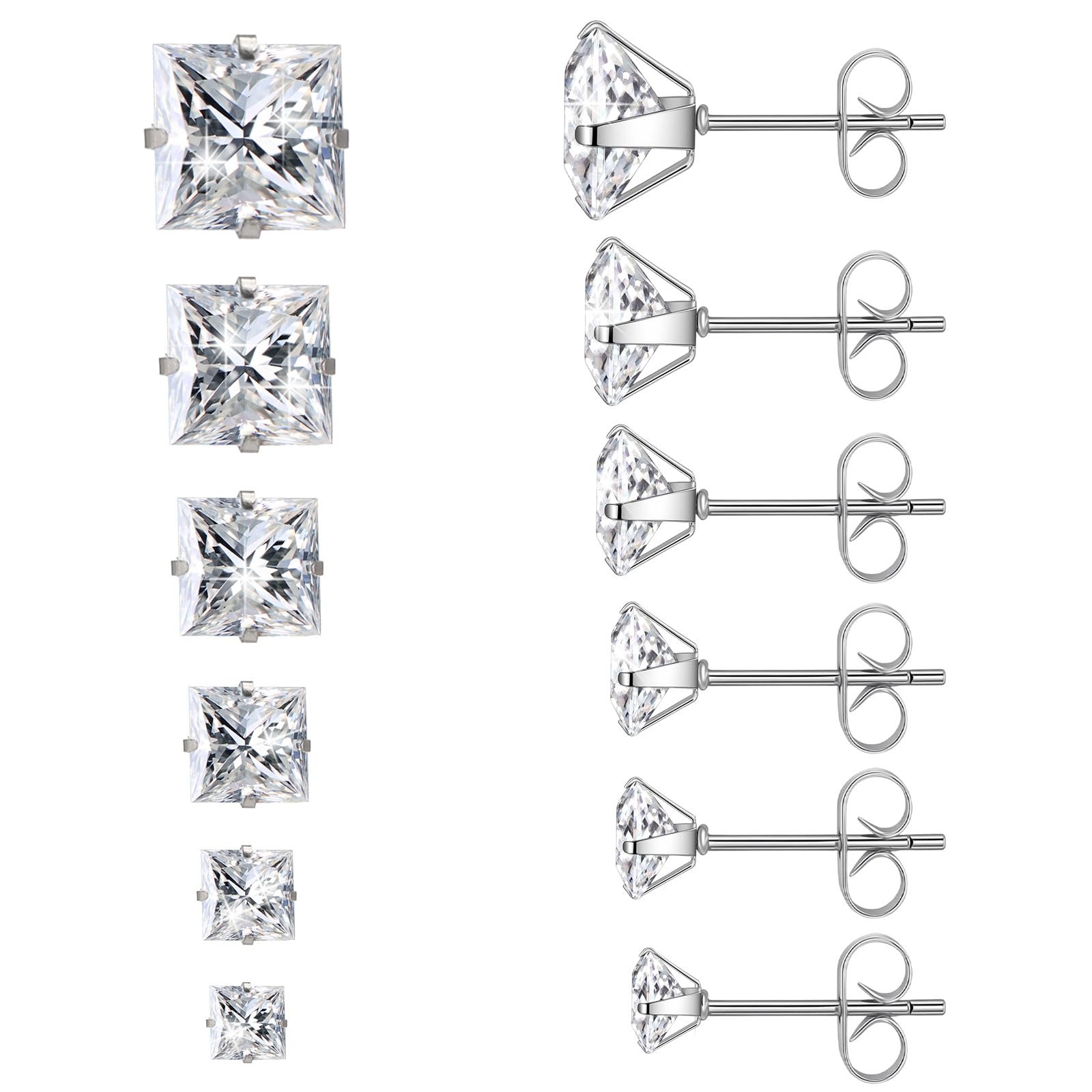 6 Pairs Square Stud Earrings Set for Women Men – Surgical 316L Stainless Stee…