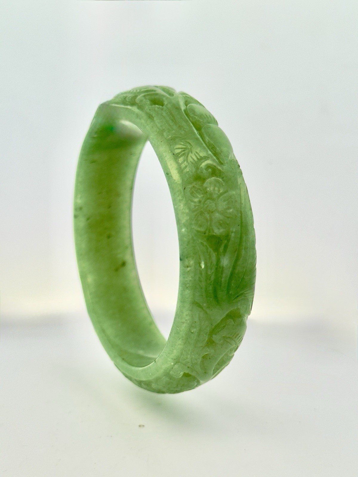 Mid Century Hand Carved Floral Garden Mainland China Jade Statement Bracelet