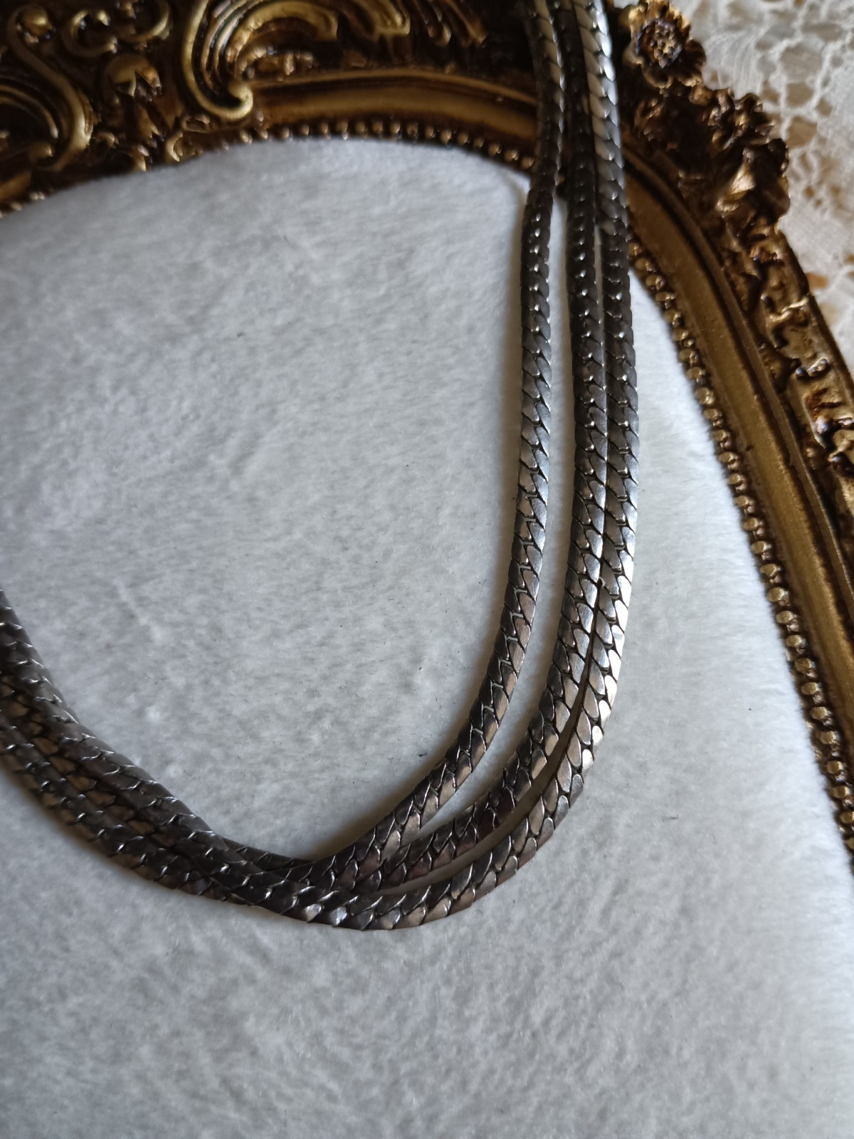 vintage Silver Multi-Strand Herringbone Chain choker Box Clasp Metal 14 1/2in