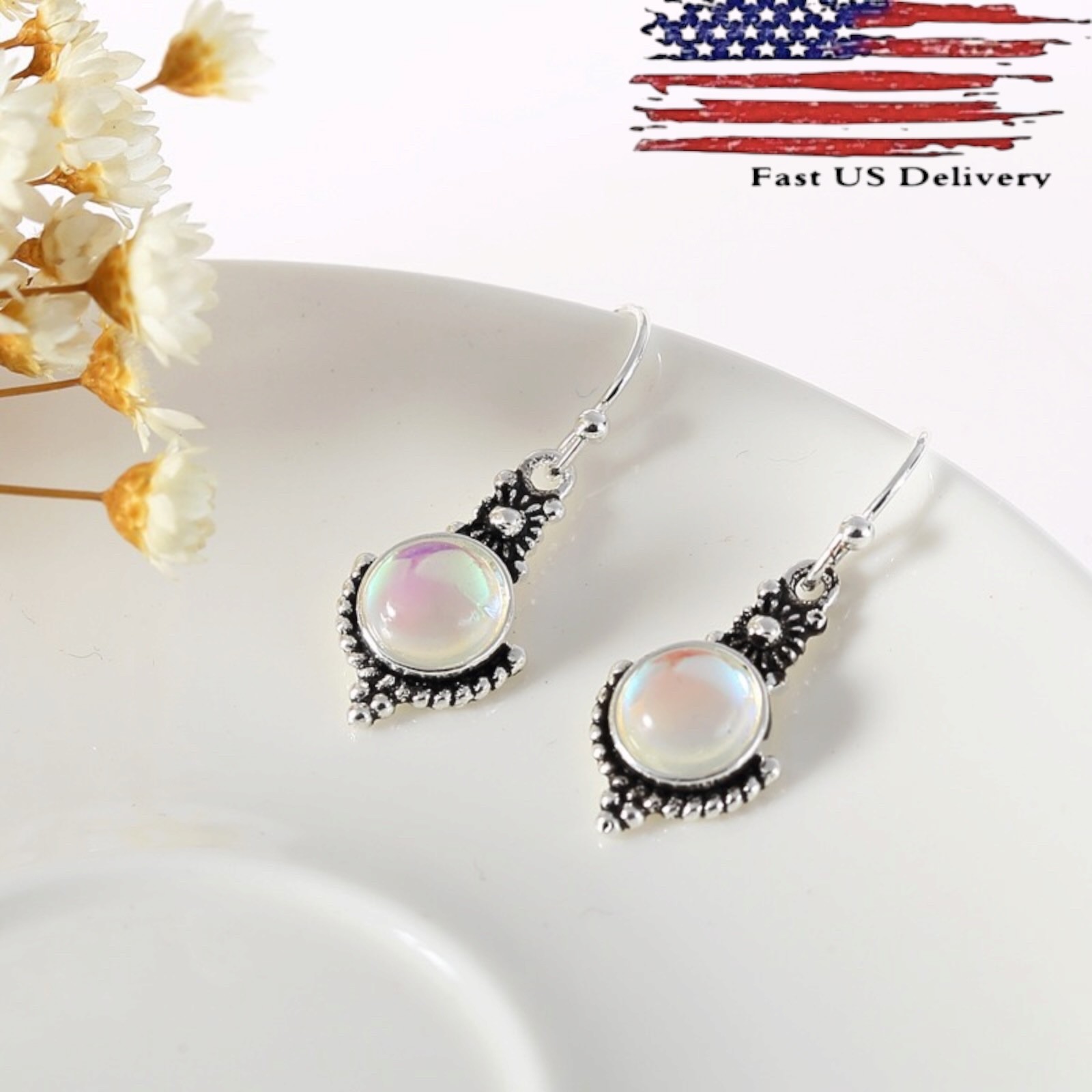 Silver Plated Turquoise Color Moonstone Earrings Hook Dangle Drop Lab-Creat B85