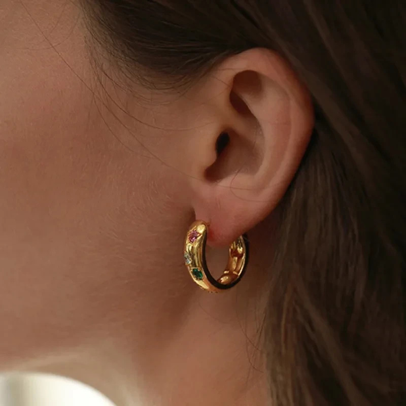 18K Gold Plated Colorful CZ Chunky Hoop Earrings Women Statement Jewellery Gift