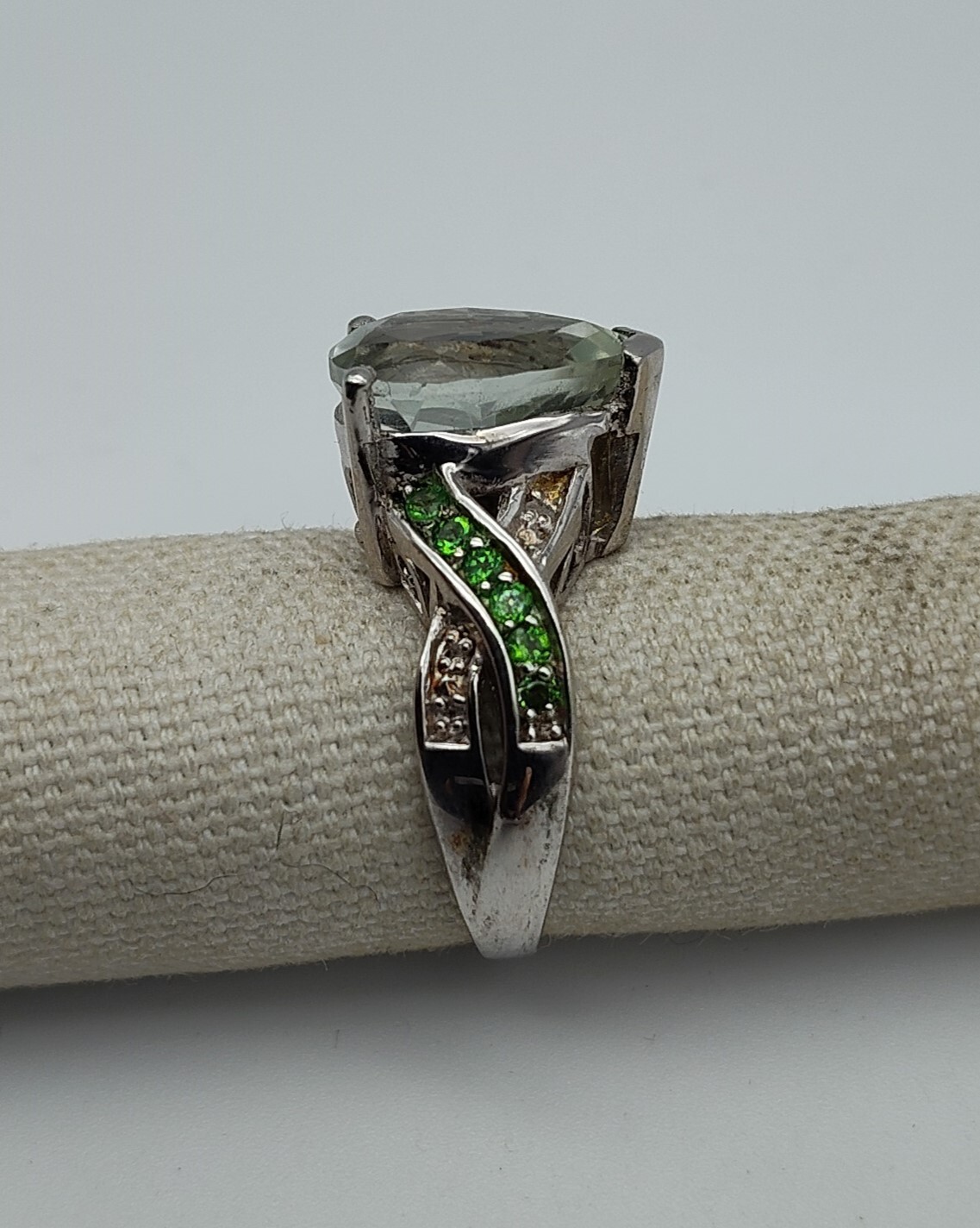 Vintage Very Light Green Pear Stone Sterling Silver Filigree STS 925 Ring Size 7